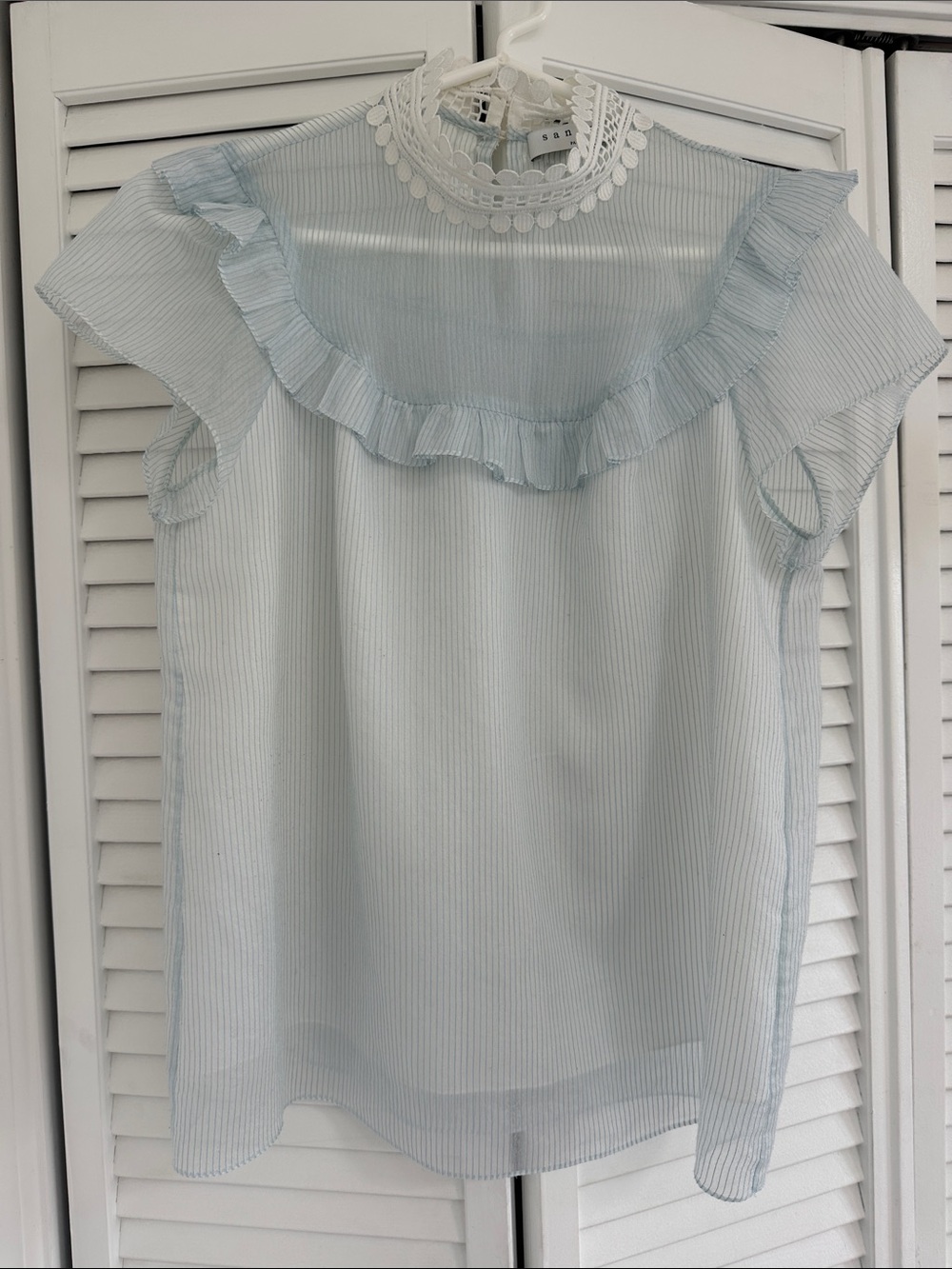 Sandro Pale Blue Sheer Ruffle Yoke Blouse